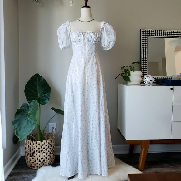 White Floral Print Puff-Sleeve Square Neck Midi Maxi Dress - Picture 12 of 12